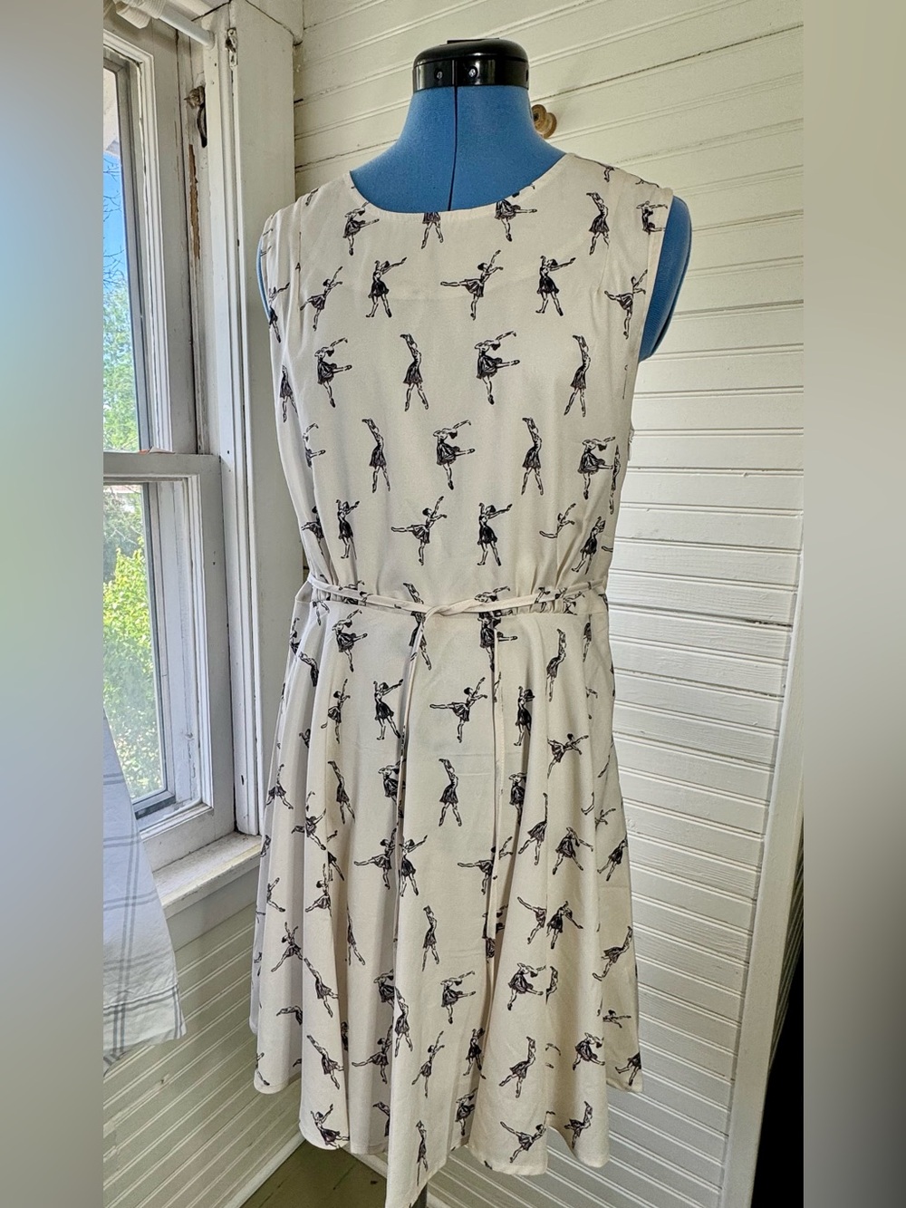 Paper Plane London Cream Ballet Dancer Print Fit & Flare Dress Tie Waist